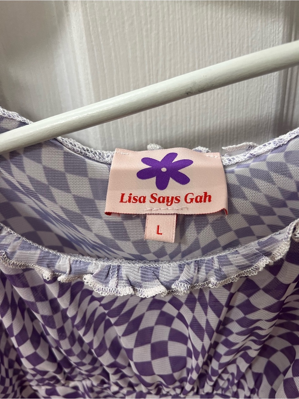 Lisa Says Gah Purple Checkerboard Long Sleeve Mesh Top - Picture 2 of 2